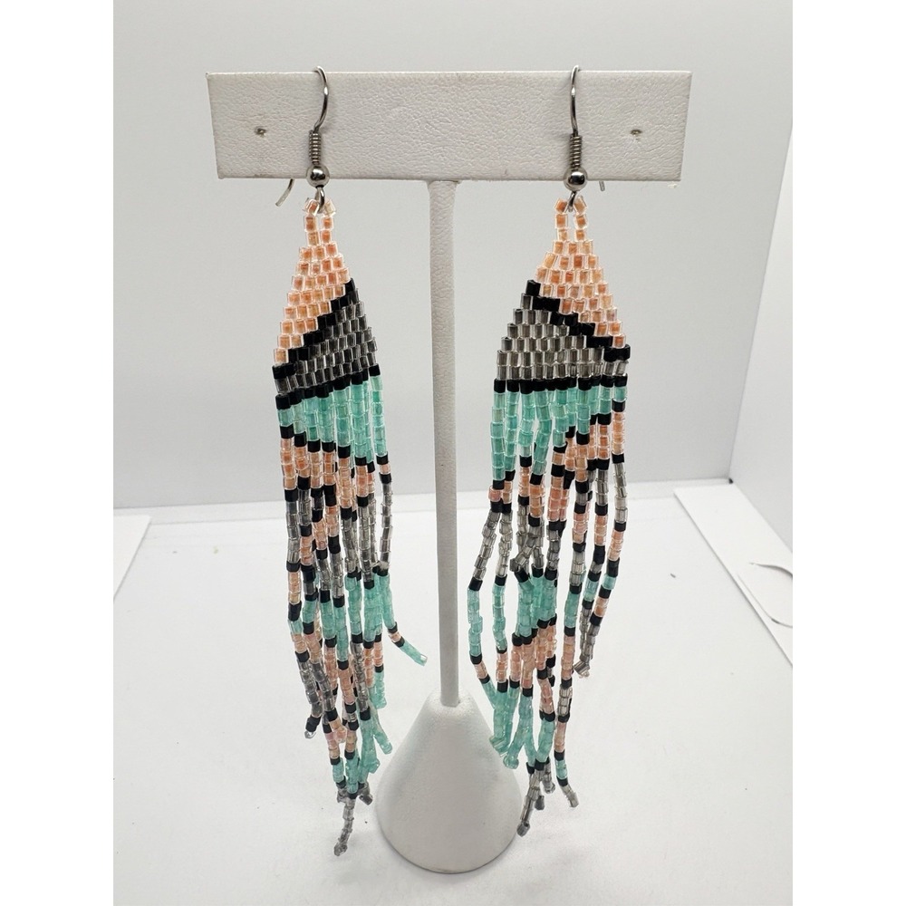Southwest Style Seed Bead Dangle Drop 5'' Earrings Pierced Statement Bold Boho